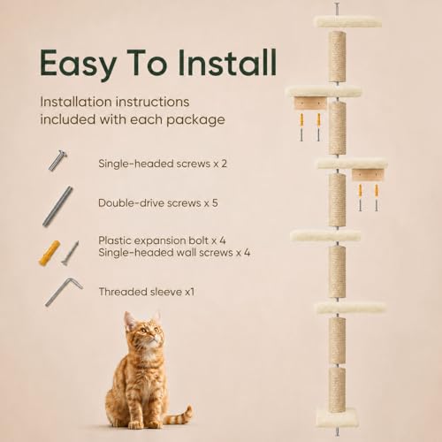 80-Inch Wall-Mounted Cat Tree with Scratching Post & 5 Perches, Beige - color: Beige