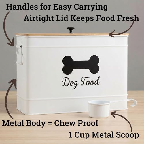 Metal Dog Food Container 15-20 lbs w/ Airtight Bamboo Lid, 70 Cup Capacity - color: White: Bone