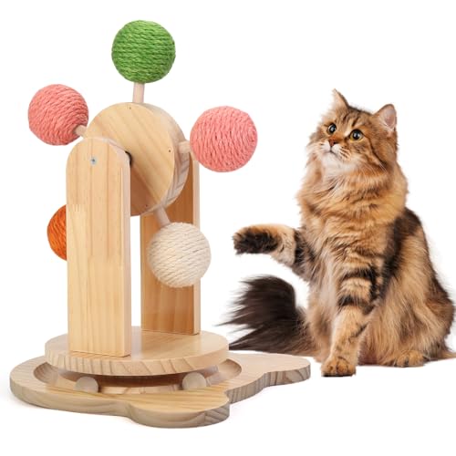 Cat Toy Ball Track,2-in-1 Interactive Cat Toy for Indoor Cats,Natural Sisal Ball with Solid Wooden Base,Spinning Ball Cats Scratcher Toy