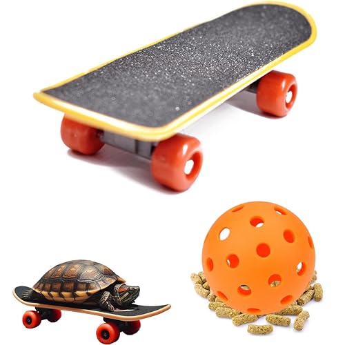Tortoise Treat Ball and Training Skateboard Toy Set, Turtle Feeder Ball and Funny Skateboard, Tortoise Toy Feeding Balls Dry Food for Small Animals Pets Tortoises Turtles (Orange Dry Food)
