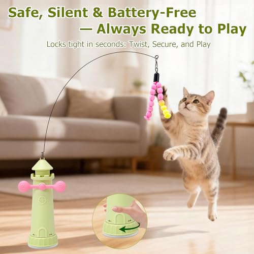 Interactive Cat Toys for Indoor Cats, Windmill Feather Cat Teaser Wand, Bouncy Kitten Toys with Strong Suction Cup Base for Bored Felines & Self-Played Enrichment Green - color: Green