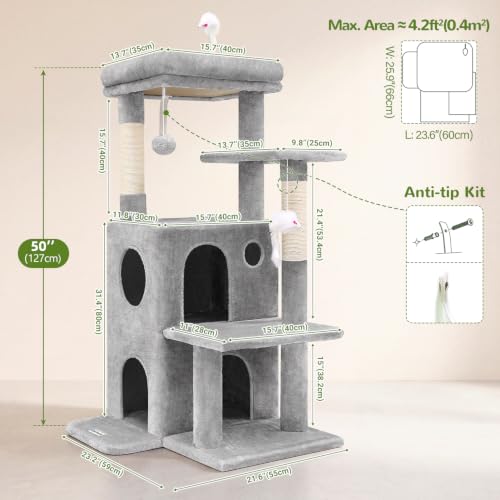 Globlazer Cat Tree Tower for Indoor Cats Large Adult, FC50, Light Grey - color: Light Grey, size: XL