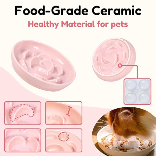 2 Pcs Ceramic Cat Slow Feeder Bowl Set, Dumpling Shape Cat Food Plates, 6.2" W Wide Shallow Whisker Friendly Slow Feeding Cat Bowls for Dry Food, Wet Food & Treats, Dishwasher Safe, White & Pink - color: Pink + White