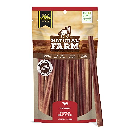 Natural Farm Odor-Free Select Bully Sticks, (12-Inch, 1-Pound), Hand Selected for Consistent Thickness, 100% Beef Pizzle Dog Chews, Fully Digestible, High Protein, Best Dental Treats - size: 12" Select - 1 Pound