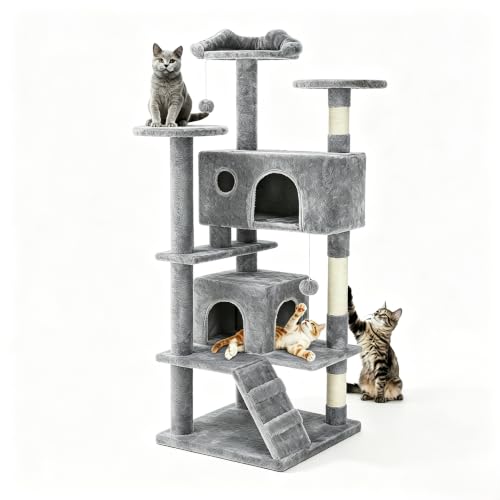 DUMOS 54 Inch Cat Tree Tower with Scratching Posts, Indoor Use - color: Light Grey, size: 54 Inch