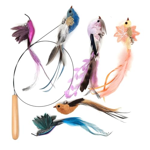 miwoowim 35" Steel Wire Cat Wand Toy & 6PCS Realistic Feather Bird Refills - color: Cat Wand Toy Birds