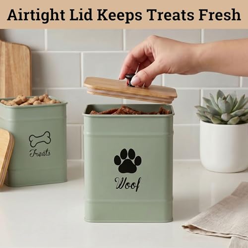 Dog Treat Container Set of 2 with Airtight Bamboo Lids - 8x6 & 7x5 inch - color: Sage Green - Large