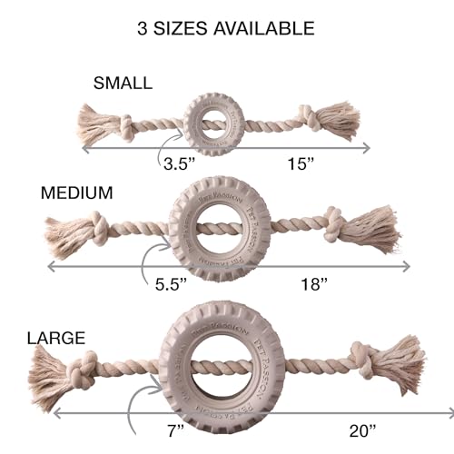 Pet Passion Natural Rubber Tire and Organic Cotton Rope Pull and Chew Dog Toy for All Pet Breeds, Almond Milk, Large - color: Almond Milk, size: Large