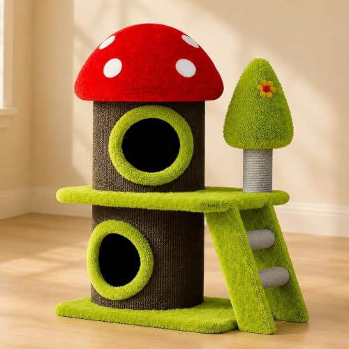 30.7 Inch Cute Mushroom Cat Tree Tower, Multi-Level Cat House with Sisal Scratching Post, Green Brown Cartoon Indoor Cat Furniture for Kittens & Multi-Cat Families - color: Style A