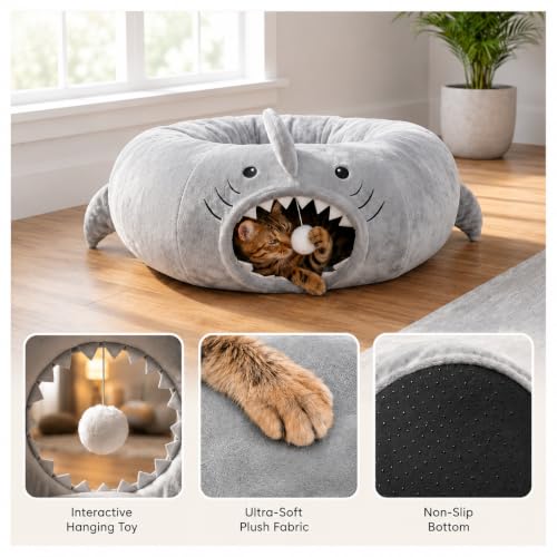 Baseola Fuzzy Cat Tunnel Bed for Indoor Cats, 2-in-1 Interactive Cat Toys - color: Grey Shark