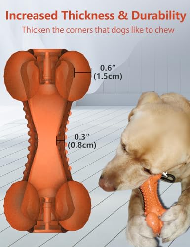 SCHITEC Squeaky Dog Chew Toy, Tough Durable Natural Rubber Bone with Toothbrush, Indestructible for Aggressive Chewers Large Medium Breed Teeth Cleaning - color: Orange