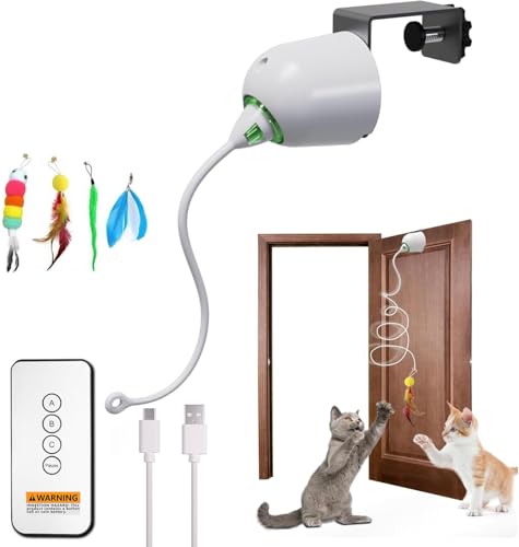 Automatic Door Hanging Cat Toy - Rechargeable Electric Feather Teaser Remote Control, 4 Replaceable Feathers, Interactive Exercise Toy for Indoor Cats & Kittens (White) - color: white