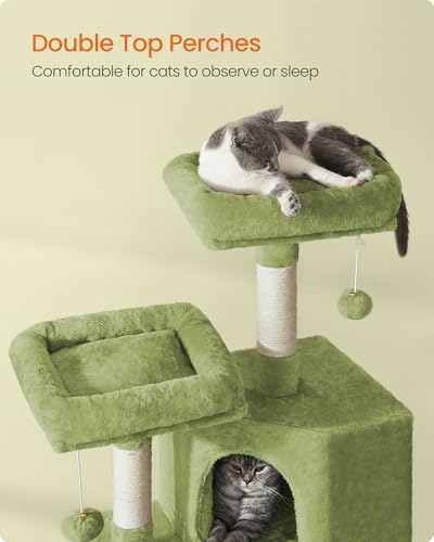 Feandrea Cat Tree, 45.3-Inch Cute Cat Tower, Plush Climbing Condo, Green - color: Grass Green