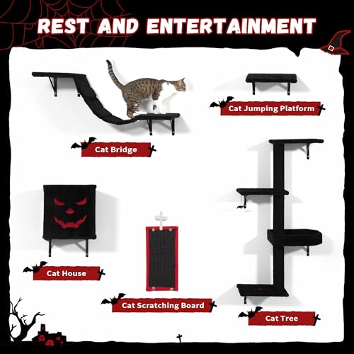COZIWOW 5Pcs Wall Mount Cat Tree & Shelf Furniture for Cats, Black&Red - color: Red&Black