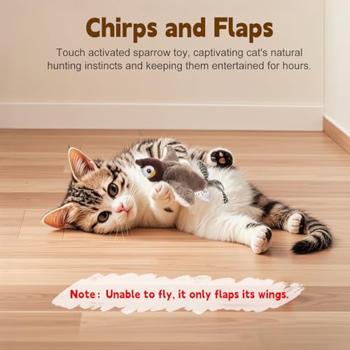 Chirping Bird Cat Toy - Interactive Flapping Bird Cat Toy for Indoor Cats, Simulated Rechargeable Flappy Sparrow with Catnip Pouch