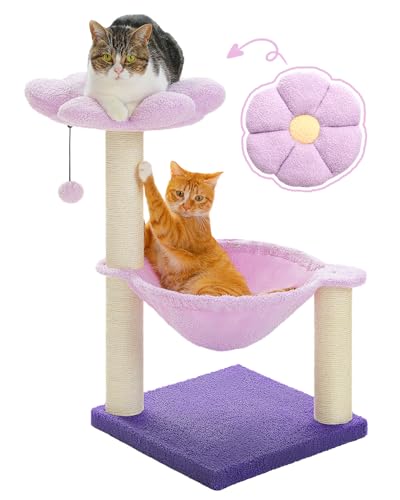 MUTTROS Flower Cat Scratching Post, 28" Cute Cat Tree Tower for Indoor Cats with Large Hammock Soft Perch Bed, Replaceable Toy Ball for Kittens, Purple - color: Purple