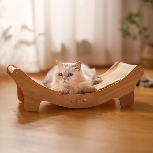 Natural Sisal Cat Scratcher Bed for Indoor Cats Scratching Post Hammock Lounge with Oak Frame, Wooden Cat Furniture for Large Cats, Modern Scratcher