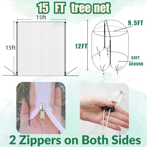1 Pack 15x15ft Extra Large Fruit Tree Netting with Double Zipper & Double Drawstring, Heavy Duty Bird Netting for Fruit Trees, Reusable Tree Net to Protect Large Trees from Birds, Squirrels, Deer - size: 15x15ft(1Pack)