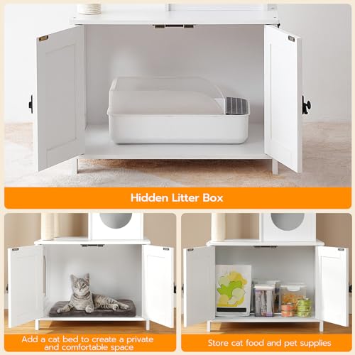 HOOBRO Cat Tree Tower with Litter Box Enclosure for Indoor, Wooden Cat Condo with Scratching Posts, Litter Box Furniture Hidden, All-in-One Cat House, White WT15MZ03 - color: White
