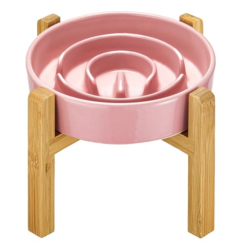 Ceramic Slow Feeder Dog Bowls Elevated, 2.0 Cups Slow Feeder for Medium Dogs, Puzzle Maze Bowl to Slow Down Eating, 30oz, 8in, Pink - color: Pink + Stand, size: 8 Inches