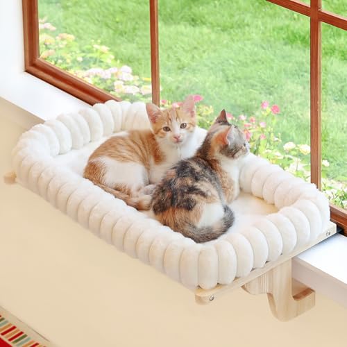 Zakkart SnugCloud Cat Perch for Windowsill (Natural Wood/Cream White, L) - color: Natural Color Wood w/ Cream Bed, size: Large (25"x15")
