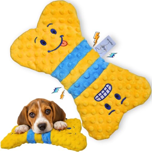 No stuffing Squeaky Dog Toy - Crinkle Dog Toy, Soft Plush Bone, Yellow