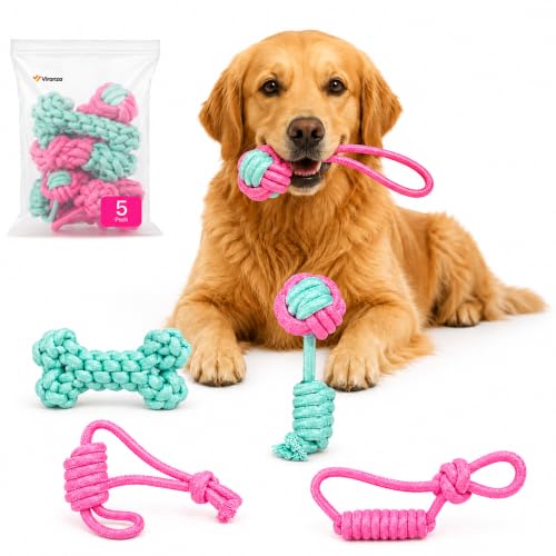 Dog Rope Toy 5 Pack, Durable Cotton Tug and Chew Toys for Puppy Teething, Training and Everyday Play, Woven from Soft Natural Cotton That Is Gentle on Growing Teeth, for Small and Medium Breed Dogs