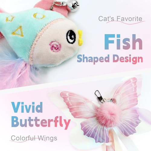 SONGWAY Cat Wand Toys for Indoor Cats - Cat Toy Set with Retractable Teaser Wand and 6 PCS Fairy Feather Toy Refills, Butterfly Tassel Plush Cat Toys Interactive, Pink - color: Pink
