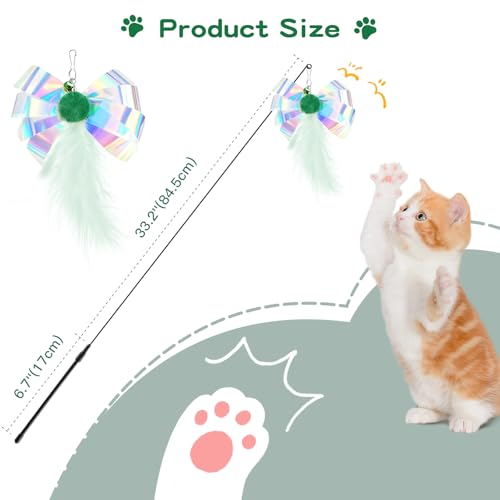 Pawaboo Cat Feather Wand Interactive Toy, 2 Feathers + 1 Wand with Bell - color: Green Butterfly