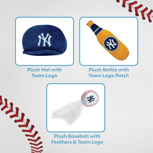 BEST PLUSH CAT TOY - MLB NEW YORK YANKEES Complete Set of 3 piece Cat Toys filled with Fresh Catnip. Incl: 1 Baseball Cap Cat Toy, 1 Baseball Cat Toy with Feathers & 1 Beer Bottle. Beautiful Team LOGO - color: New York Yankees