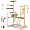 Natural Wood Parrot Playground Perch Stand with Feeder Cups, Tray, Ladder, Swing & Bells, Play Gym for Top of Cage, Cage Accessories for Lovebirds, Cockatiels, Parakeets