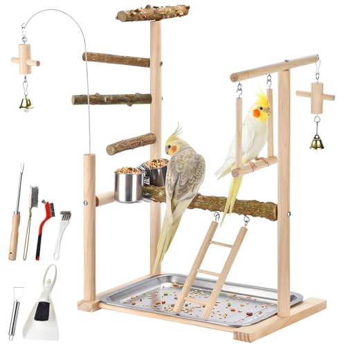 Natural Wood Parrot Playground Perch Stand with Feeder Cups, Tray, Ladder, Swing & Bells, Play Gym for Top of Cage, Cage Accessories for Lovebirds, Cockatiels, Parakeets