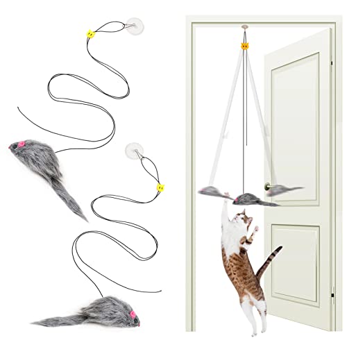 2PCS Cat Toys for Indoor Cats, Interactive Fly Chase Cat Door Toy Mouse Feather Toys for Mental Physical Stimulation, Kitten Toys Retractable Cats String Toys Teaser Play Exercise