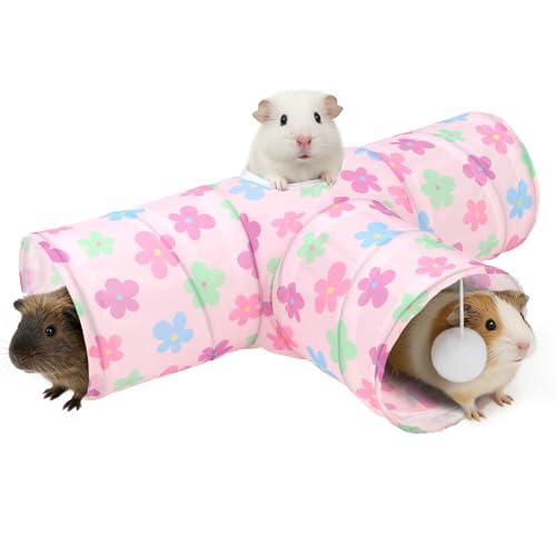Rypet Guinea Pig Tunnel Hideout 3-Way Collapsible Small Pet Tubes, Pink - color: Flower