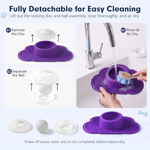 Anti-Slip Slow Feeder Dog Bowl and Lick Mat with Rolling Ball - color: Purple
