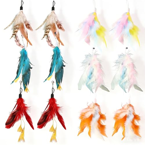 12 Pack Cat Feather Toy Refills,Natural Cat Wand Replacement Feathers with Bell,Colorfull Wand Attachment Feather Toys for Indoor Cats