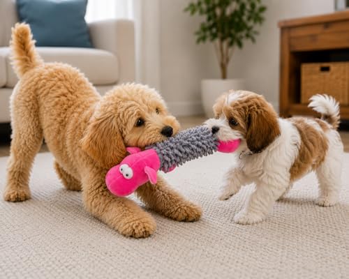 PawfectBabies HippoHugs Crinkle & Chew Toy for Dogs – Soft Plush Squeaky Dog Toy, Interactive Crinkle Toy for Small & Medium Dogs, Cute Pink & Grey Hippo Puppy Toy