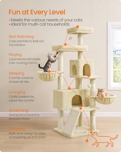 Feandrea Cat Tree, 68.5-in Tall Cat Tower, Multi-Level Condo, Beige - color: Beige