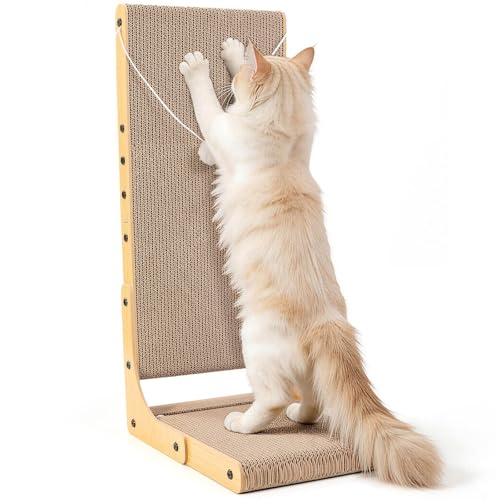 27.6 Inch Reinforced Cat Scratcher, L-Shaped Wall Mount Scratching Post with 2 Catnip Balls & 1 Fuzzy Ball Toy, Easy Flip Scratch Pad for Indoor Cats - size: 27.6 Inch 1-Pack Wooden Color