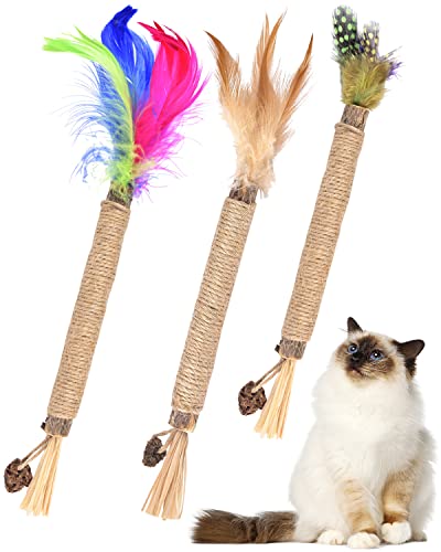 TINDTOP Silvervine Sticks for Cats with Natural Feather, Catnip Chew Toys - color: 3 Pack