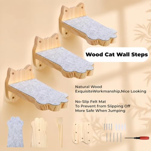 Tlence 3 Pack Cat Wall Shelves for Cats Steps, Wall Mounted Floating Cat Furniture with Non-Slip Felt, Cats Climbing Wall Stairs Perch for Jumping, Playing and Lounging, Holds up to 30lbs