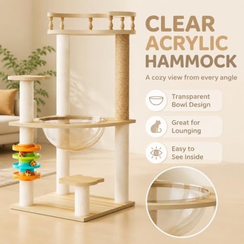 32.2" Modern Wood Cat Tree Tower for Indoor Cats, Multi-Level Cat Condo with Acrylic Hammock, Sisal Scratching Post, Top Perch & Toy, Small Cat Activity Tree for Small & Large Cats - color: Style E