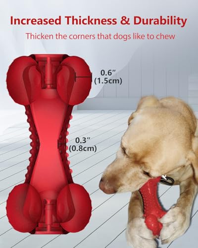 SCHITEC Squeaky Dog Chew Toy for Aggressive Chewers Large Breed, Tough Interactive Teething Rubber Bone for Big Medium Dogs - color: Red