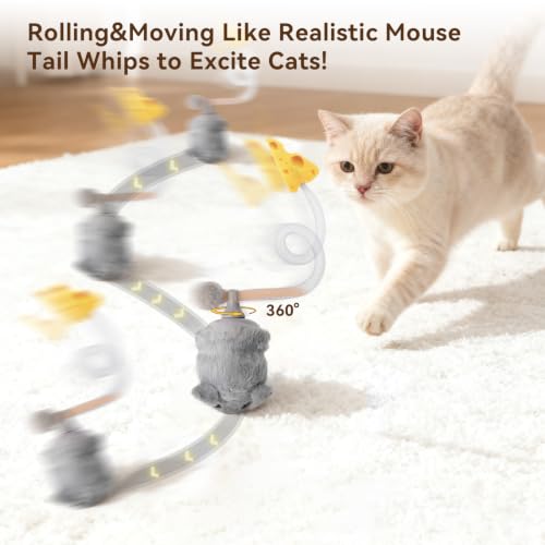 Migipaws Interactive MigiMouse Cat Toy 360° Rolling & Spin with Mesh Plastic Tail for Indoor Cats Smart Motion Sensor, Realistic Squeak, Rechargeable Plush Kitten Toy(Grey)