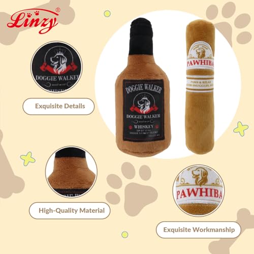 Linzy 2-Pack Whisky/Cigar Plush Dog Toy, Soft Squeaky Chew Toy for Small Medium Large Dogs, White, Interactive Pet Toy, 7 Inch