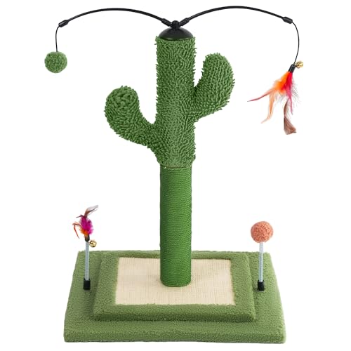 YUNIQUE Cactus Cat Scratching Post with Sisal Rope, Small Cat Tree with Dangling Balls & Feather for Kittens (Green, 22.8'') - color: green, size: 22.8'' square
