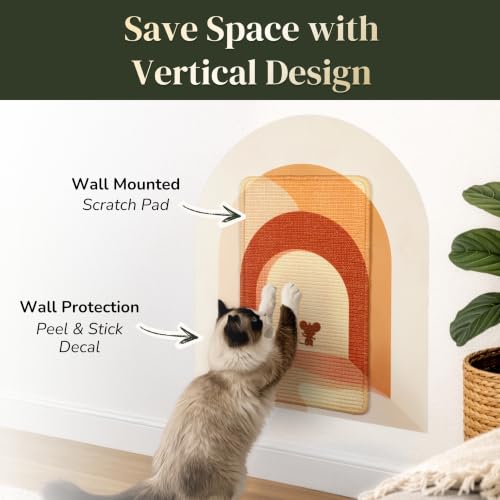 Wall Art Cat Scratcher - Boho Vertical Sisal Pad, Drill-Free Mount - color: Terracotta Boho Mouse