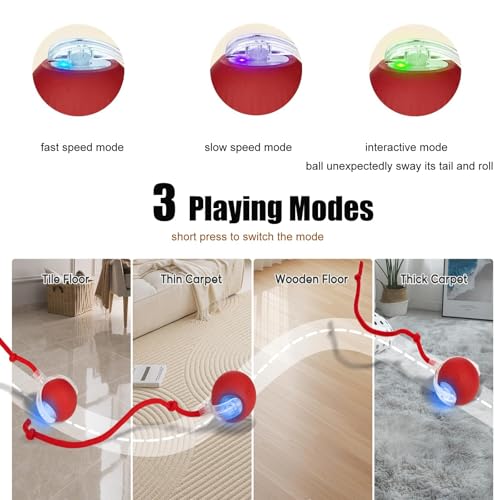 Interactive Dog Cat Toy Ball, Upgraded Rechargable Smart Automatic Rolling Pet Ball with Tail, Fast Moving Toy for Bored Indoor Kitty Puppy - color: Red