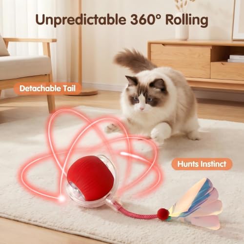 JBD Automatic Cat Toy Ball for Indoor Cats, Interactive Self Moving Electronic Cat Toys, USB Rechargeable, Silent Auto Rolling Kitten Toy for Boredom Relief & Exercise - color: Red