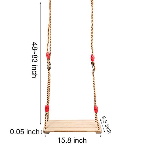 ZOENHOU 15.8 x 6.3 Inch Wooden Swing Seat, Hanging Wood Swings, Wooden Tree Swing with Adjustable 48 to 83 Inches Rope, 220 LB Capacity Sturdy Swings for Yard, Garden, Red Knot